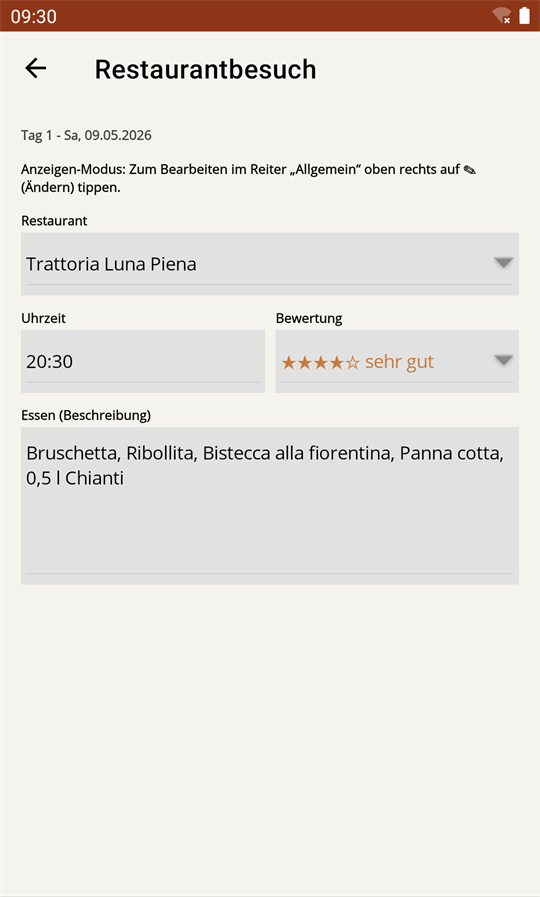 Restaurantbesuch mit Bewertung und Gerichten.