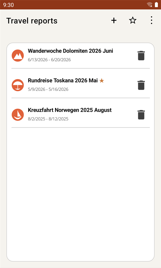 Alle rejserapporter på ét blik, favoritter med stjerne.