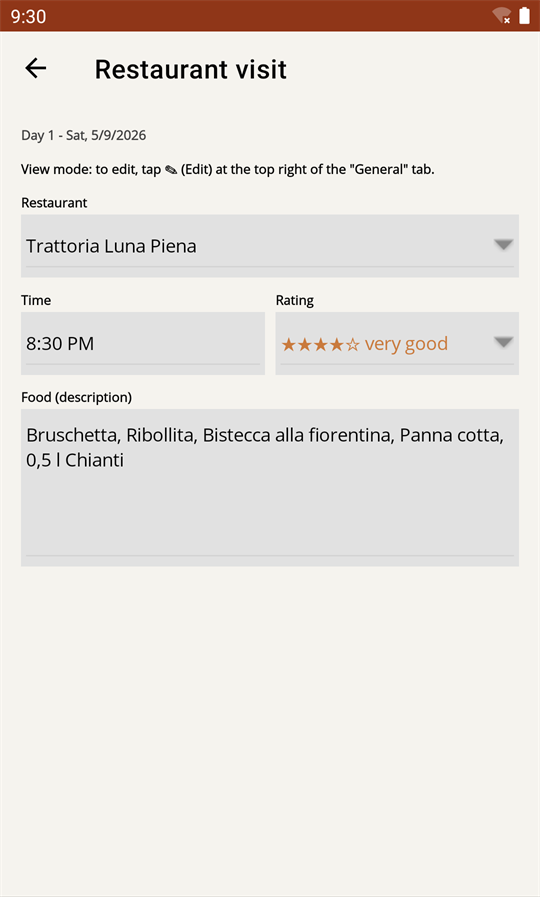 Restaurantbesøg med bedømmelse og retter.